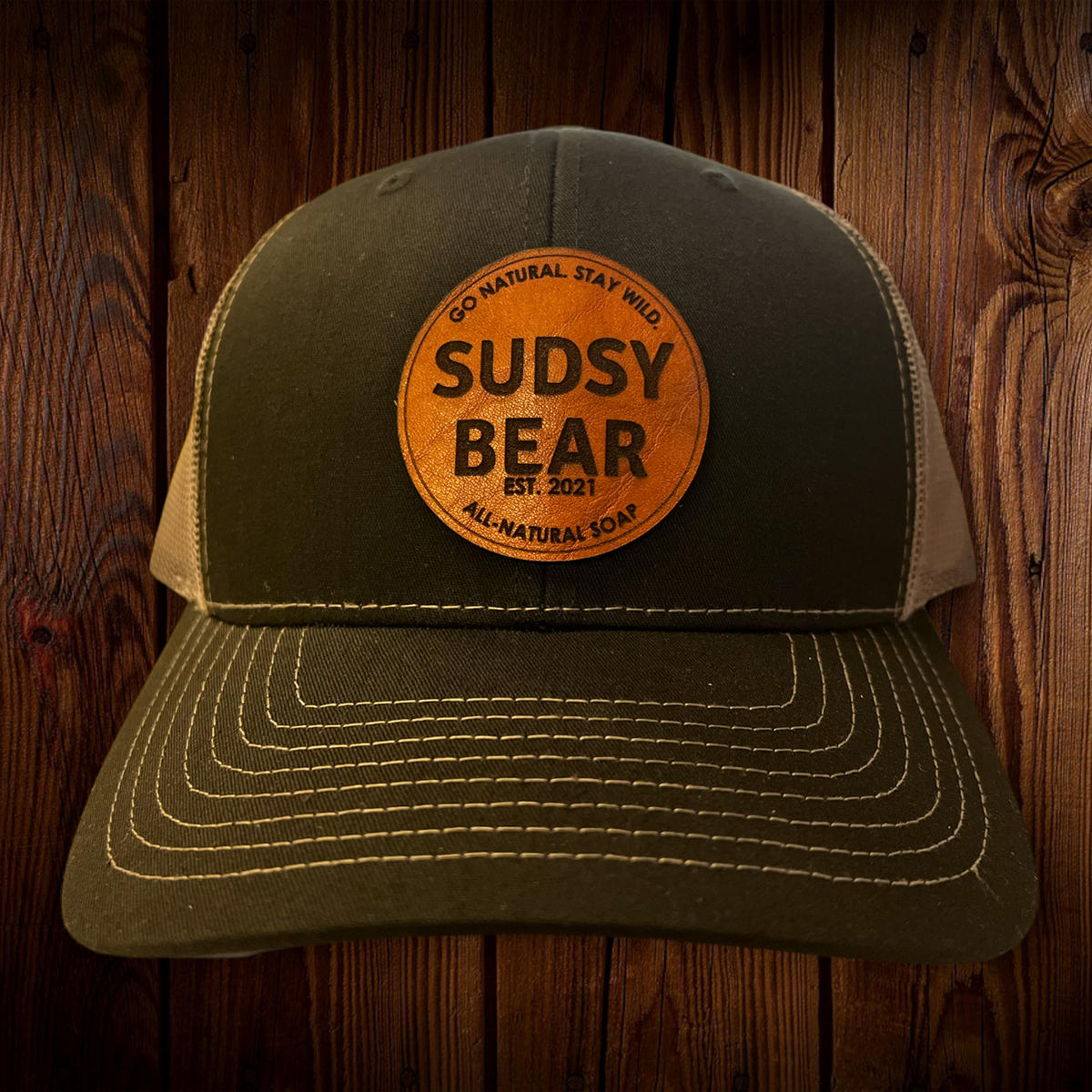 BLACK/GRAY LEATHER PATCH HAT – SUDSY BEAR SOAP COMPANY